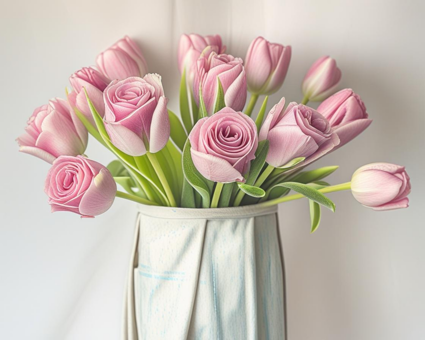 Bouquet of all pink roses in a white vase on a light background