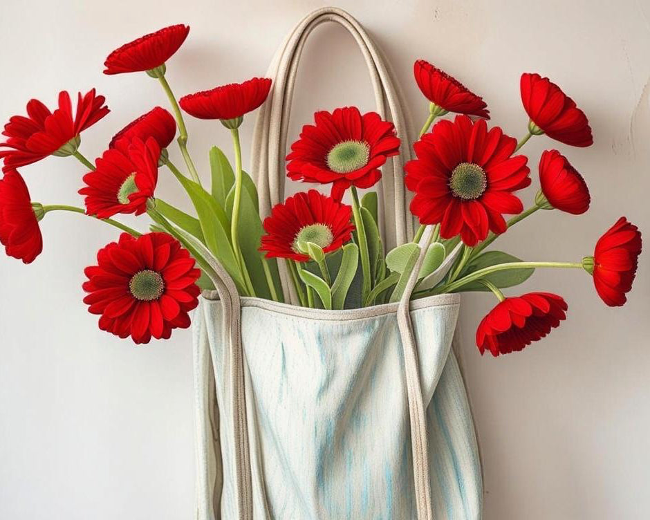 Red flowers in a white bag against a light background