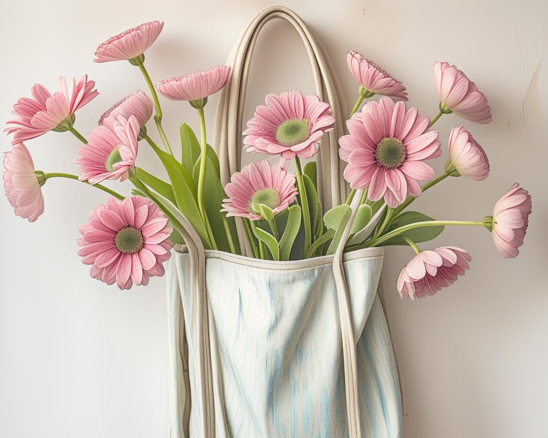 White tote bag filled with pink flowers on a light background