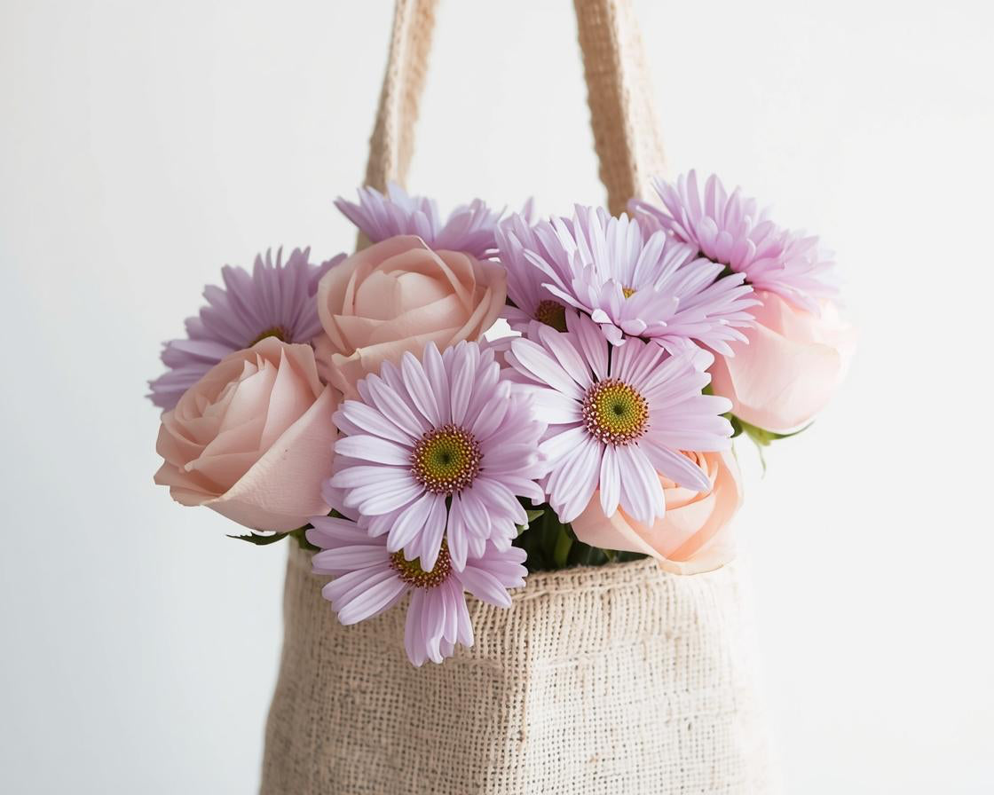 Floral arrangement in pastels in a woven bag on a light background
