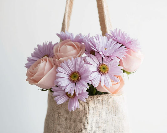 Floral arrangement in pastels in a woven bag on a light background
