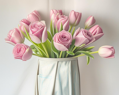 Bouquet of all pink roses in a white vase on a light background