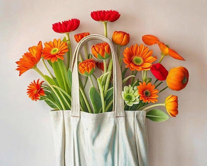 White tote bag filled with colorful flowers against a light background