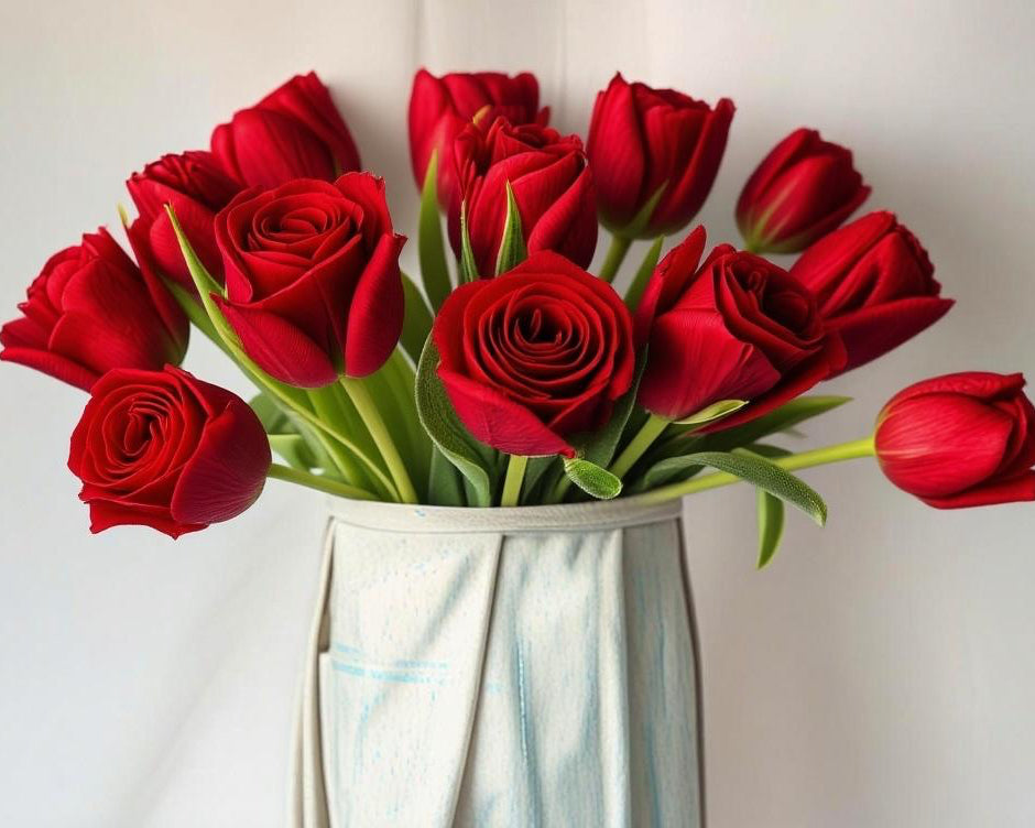 Bouquet of red roses in a clear vase on a light background