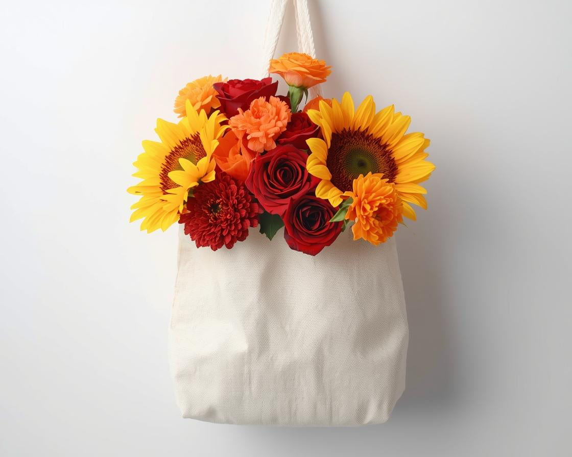 White tote bag with colorful flowers on a white background