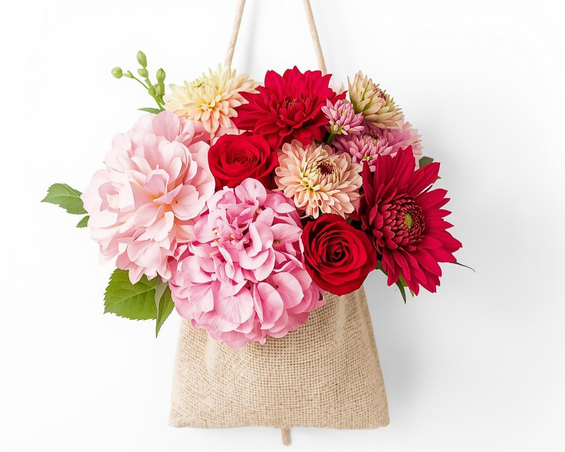 Floral arrangement in a woven bag on a white background