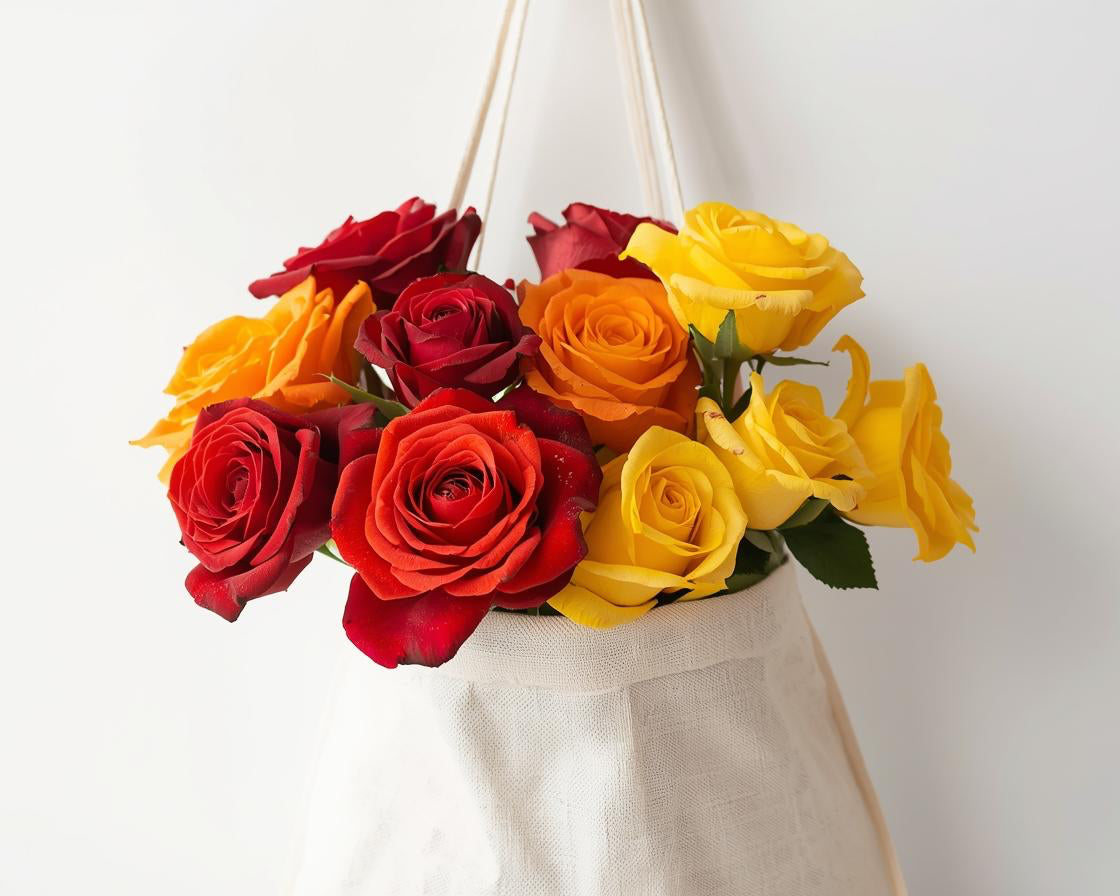 Bouquet of red and yellow roses in a glass vase against a white background