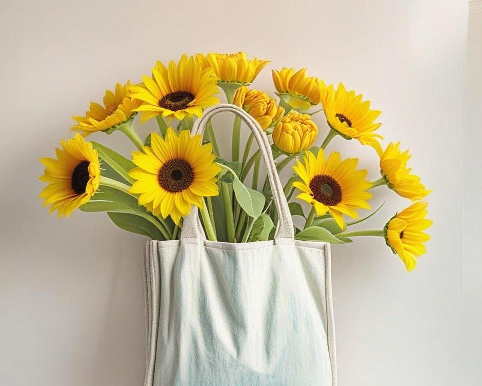 White tote bag with yellow sunflowers against a light background